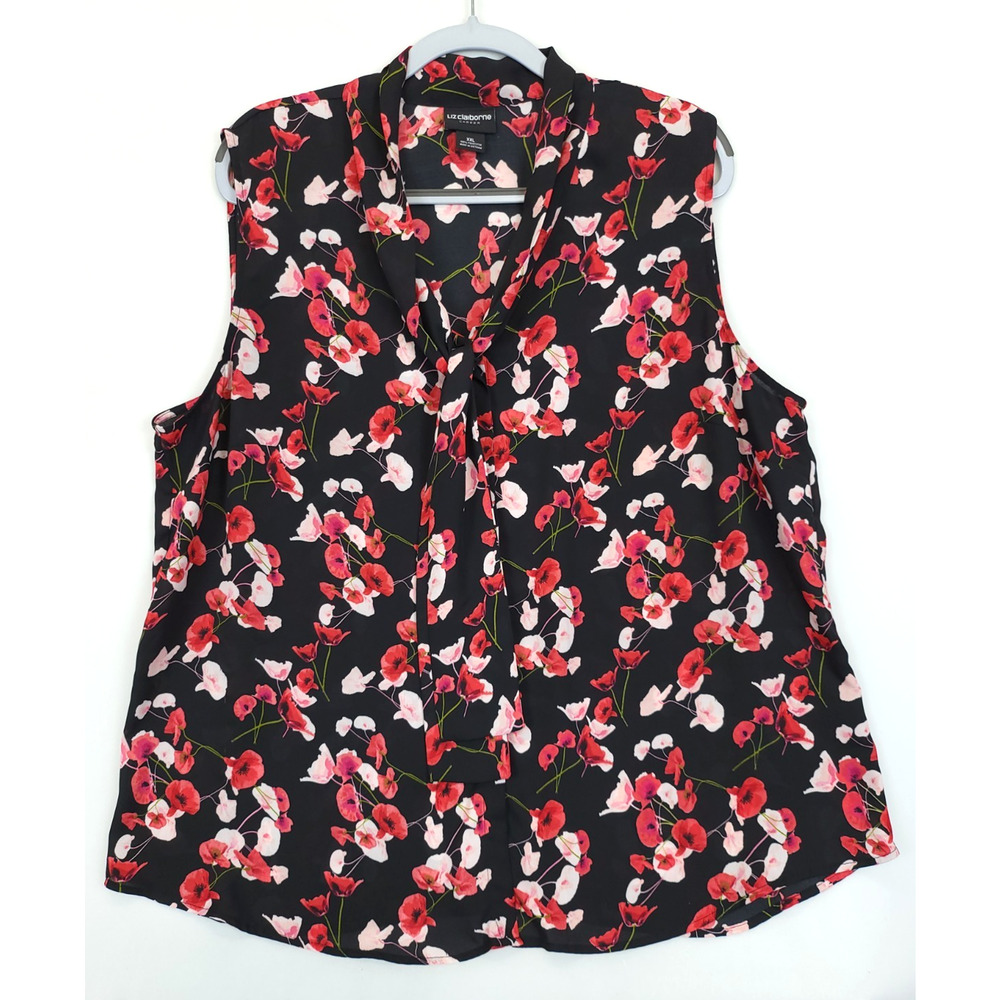 Liz Claiborne Poppy Flower Top Tie Sleeveless Women XXL Black Red Fairy Career